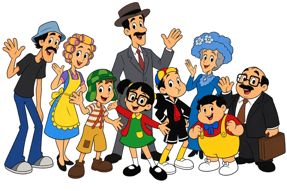 Turma do Chaves em desenho animado: Chiquinha, Chaves, Quico, Seu Madruga, Dona Florinda, Professor Girafales, Nhonho, Dona Clotilde e Senhor Barriga